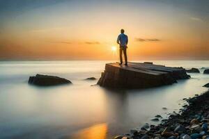 un hombre en pie en un rock en el Oceano a puesta de sol. generado por ai foto