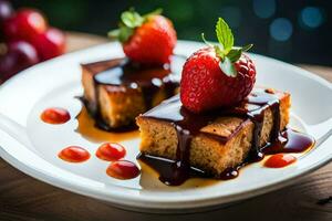 un plato con dos piezas de pastel con fresas generado por ai foto