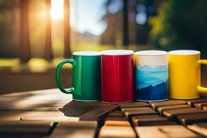 vistoso café tazas en un de madera mesa. generado por ai foto