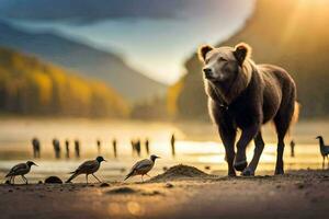 a bear and birds standing on the beach. AI-Generated photo