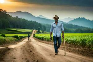 a man walking down a dirt road with a cane. AI-Generated photo