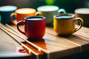 vistoso café tazas en un de madera mesa. generado por ai foto