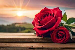 two red roses on a wooden table with the sun setting behind them. AI-Generated photo