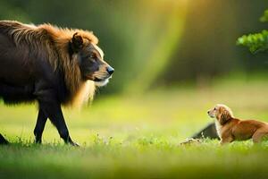 un león y un perrito caminar en el césped. generado por ai foto
