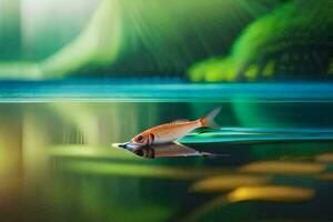 un pescado es flotante en el agua con un verde antecedentes. generado por ai foto