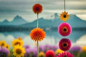 colorful flowers hanging from a string in front of a lake. AI-Generated photo