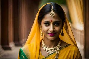 a beautiful indian woman in a yellow sari. AI-Generated photo