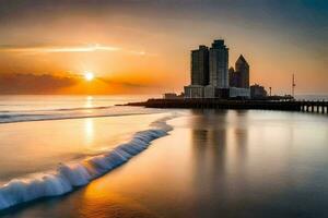 el Dom conjuntos terminado un ciudad horizonte y océano. generado por ai foto