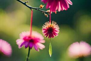 pink flowers hanging from a branch with a blurry background. AI-Generated photo