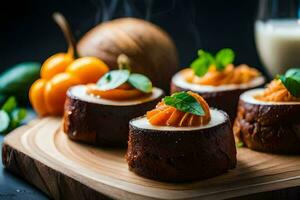 small cakes with carrots and mint on a wooden board. AI-Generated photo