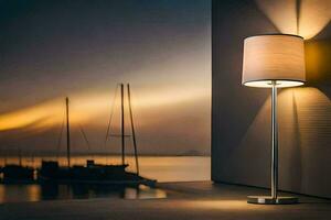 a lamp is on a table near a boat. AI-Generated photo