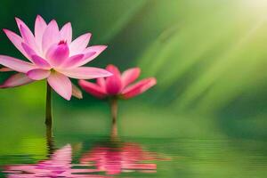 two pink lotus flowers are reflected in the water. AI-Generated photo