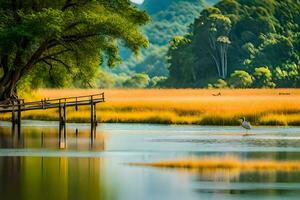 a bridge over a river with a bird standing on it. AI-Generated photo