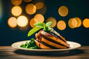 un plato con un rebanada de un pan y brócoli. generado por ai foto