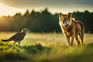 el león y el guepardo. generado por ai foto