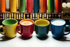 a row of colorful coffee cups. AI-Generated photo