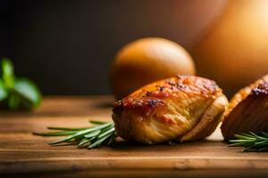 dos piezas de pollo con Romero y limón en un de madera mesa. generado por ai foto