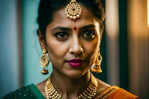 an indian woman wearing gold jewelry and a sari. AI-Generated photo