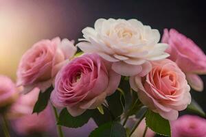 pink roses are in a vase with a sun in the background. AI-Generated photo