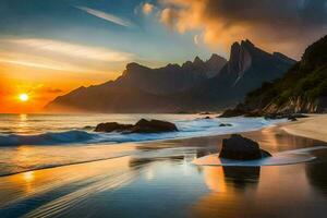 el Dom conjuntos terminado el Oceano y montañas en esta hermosa foto. generado por ai foto