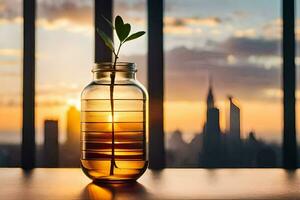 a plant in a jar with a cityscape in the background. AI-Generated photo