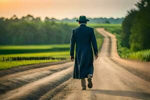 un hombre en un largo Saco y sombrero caminando abajo un suciedad la carretera. generado por ai foto