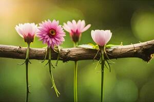 three pink flowers on a branch. AI-Generated photo