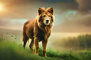 a lion standing in the grass at sunset. AI-Generated photo