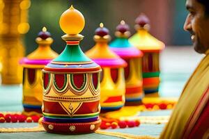 a man in a colorful sari is looking at a colorful pot. AI-Generated photo