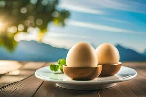 eggs on a plate in the mountains. AI-Generated photo