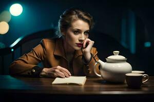 a woman is sitting at a table with a teapot and a book. AI-Generated photo