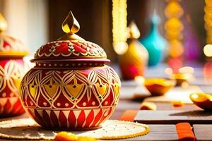 a table with colorful vases and candles. AI-Generated photo