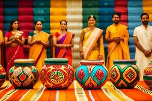 un grupo de personas en vistoso saris en pie en frente de vistoso ollas. generado por ai foto