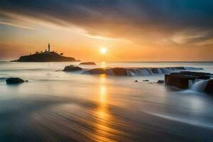 un faro en el Oceano a puesta de sol. generado por ai foto