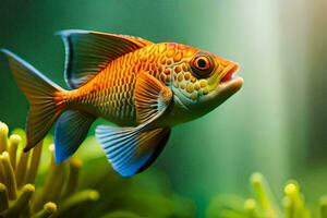 a fish swimming in an aquarium with green plants. AI-Generated photo