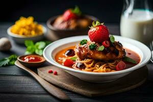 chicken with noodles and sauce in a bowl. AI-Generated photo