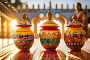 three colorful pots sitting on a table. AI-Generated photo