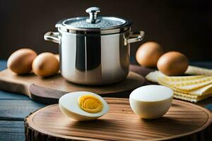 hard boiled eggs on a cutting board next to a pot. AI-Generated photo