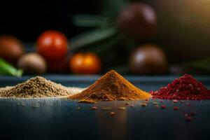 different spices and spices on a table. AI-Generated photo
