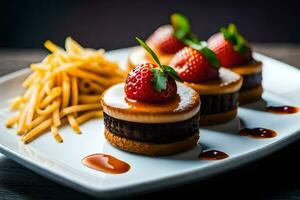 three desserts on a white plate with fries. AI-Generated photo