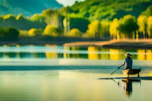 a man in a boat on a lake with trees in the background. AI-Generated photo