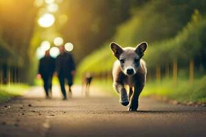 a small dog running down the road with people walking behind it. AI-Generated photo