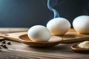 eggs on a wooden spoon with smoke coming out of them. AI-Generated photo