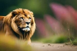 a lion is sitting on the ground in front of a field. AI-Generated photo