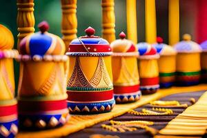 colorful wooden bells on display at a temple. AI-Generated photo