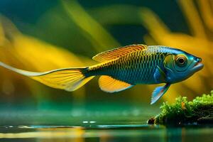 a fish with a yellow and blue body is swimming in the water. AI-Generated photo