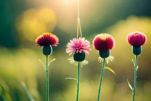 four pink flowers are hanging from a string. AI-Generated photo