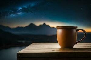 un taza de café en un de madera mesa en frente de un montaña vista. generado por ai foto