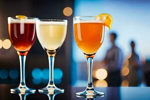 three glasses of different colored drinks on a bar. AI-Generated photo