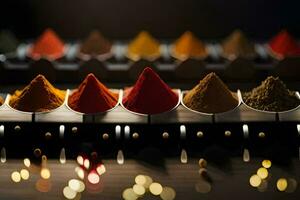 a row of colorful spices on a table. AI-Generated photo